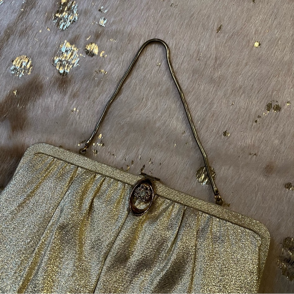 Vintage ANDE Gold Lurex Clutch Evening Bag Purse Chain Handle 1960s - Picture 9 of 9
